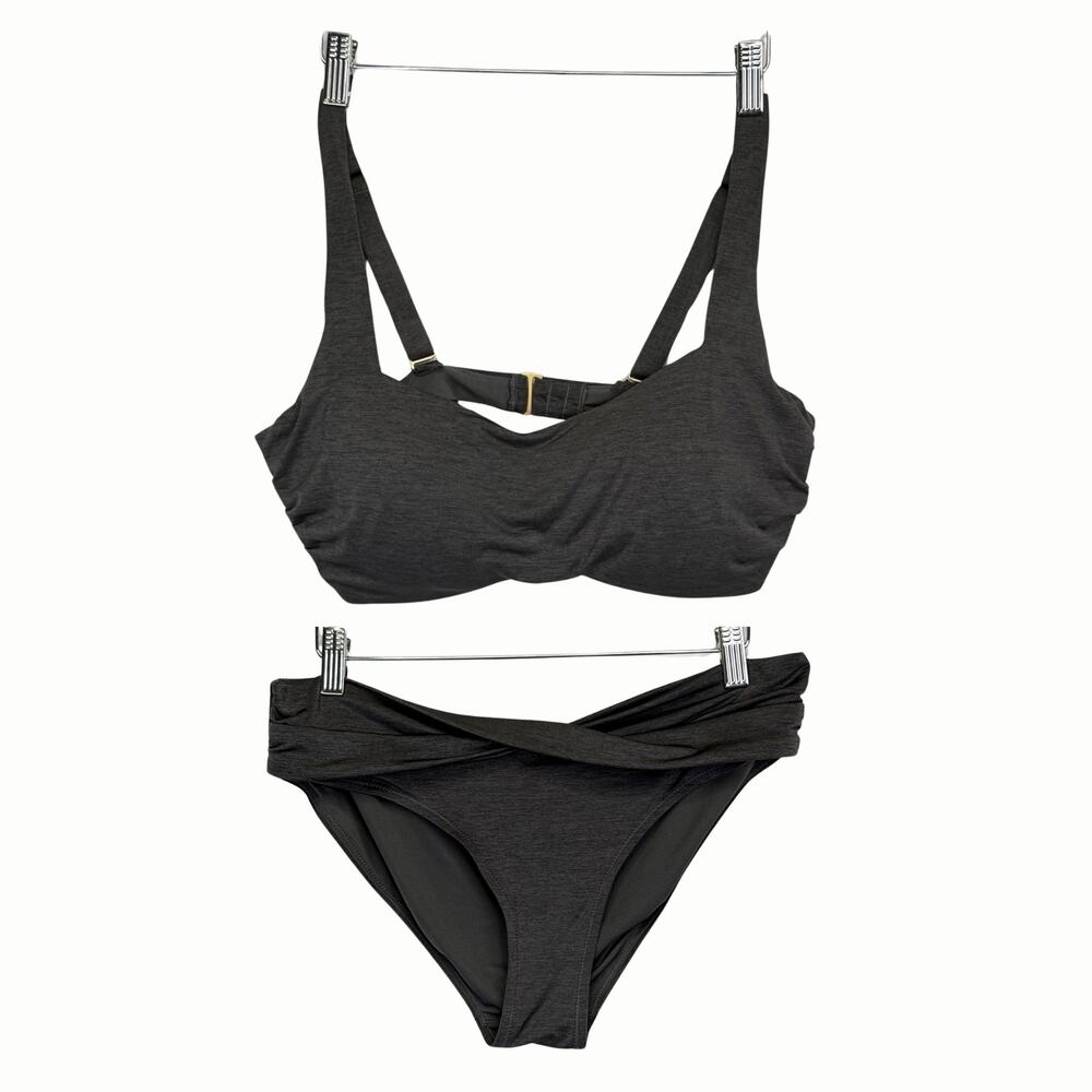 Athleta Aqualuxe Square Neck Bikini Top 36D/DD & Twist Bottoms Med Charcoal Gray